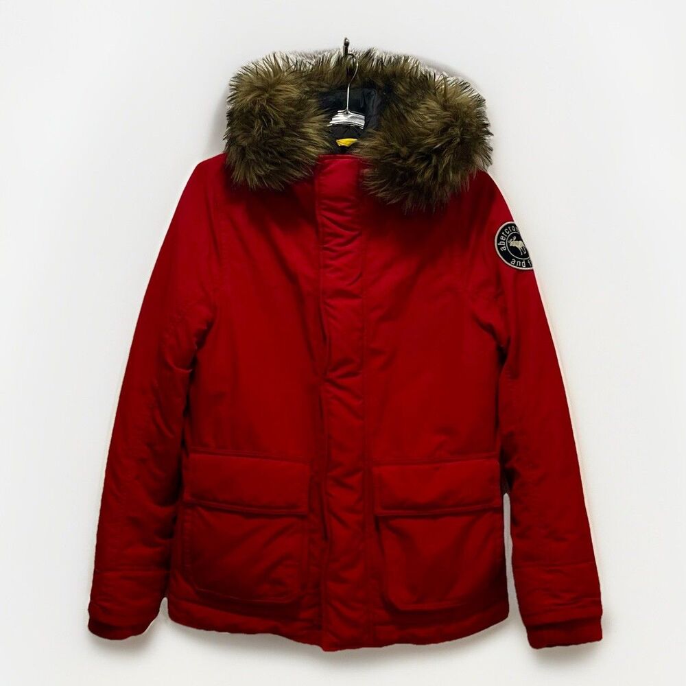 Abercrombie & Fitch Kids Faux Fur Hooded Heavyweight Parker Coat Youth L Red Y2K